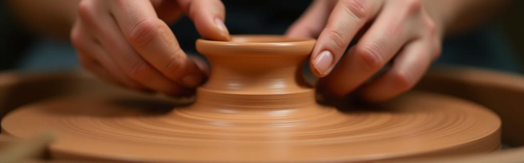 Inspiring close-up of hands gently shaping a beautiful piece of clay on a pottery wheel, symbolizing creativity and craftsmanship.